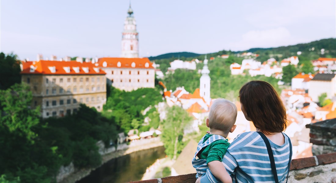 Jižní Čechy - Česká republika Jižní Čechy Český Krumlov - výhled na město a rodina