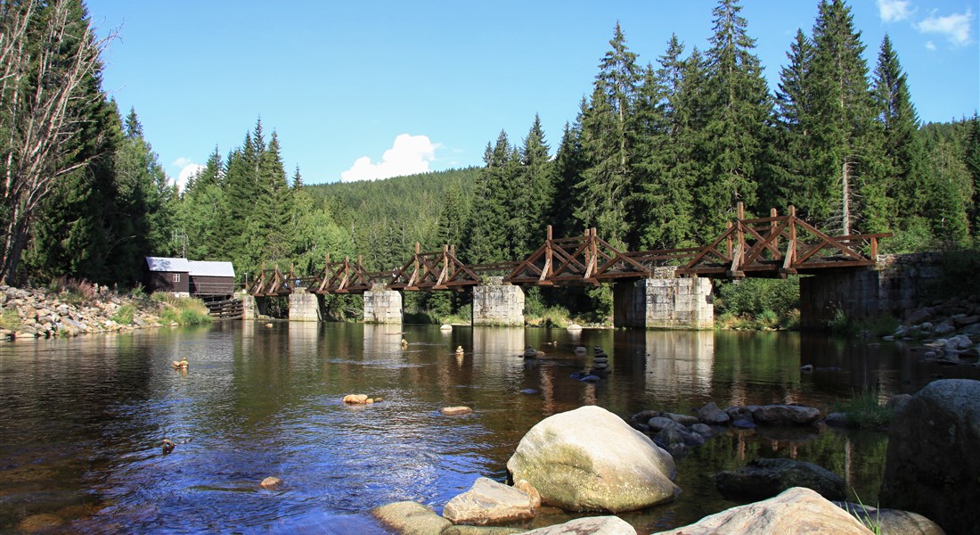 Šumava - Česká republika Šumava - dřevěný most nad řekou Vydra